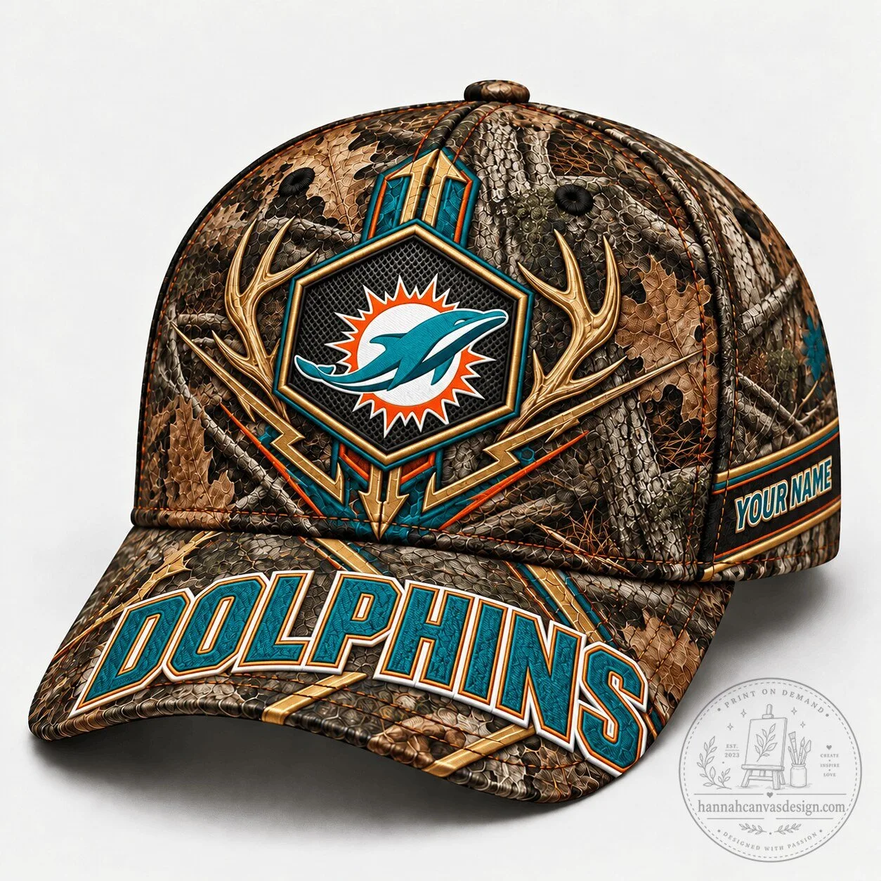 Miami Dolphins NFL Team Camouflage Hunting Cap Hat with Antlers Design