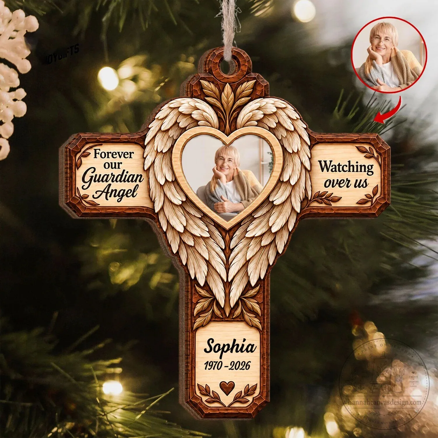 Personalized Guardian Angel Memorial Cross Ornament with Photo and Name