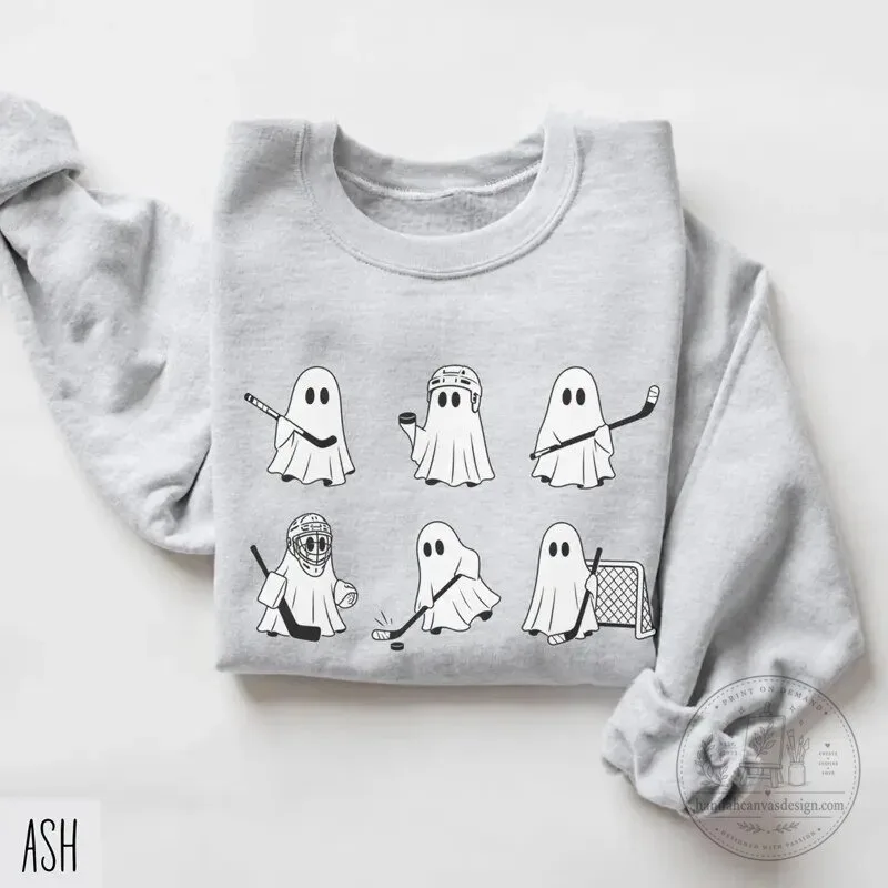 Cute Ghost Hockey Player Halloween Spooky Season Crewneck Sweatshirt