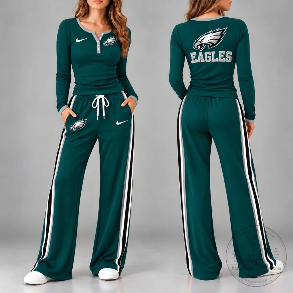 Philadelphia Eagles Women's Long Sleeve Henley Shirt and Pants Set Philadelphia Eagles Women's Long Sleeve Henley Shirt and Pants Set