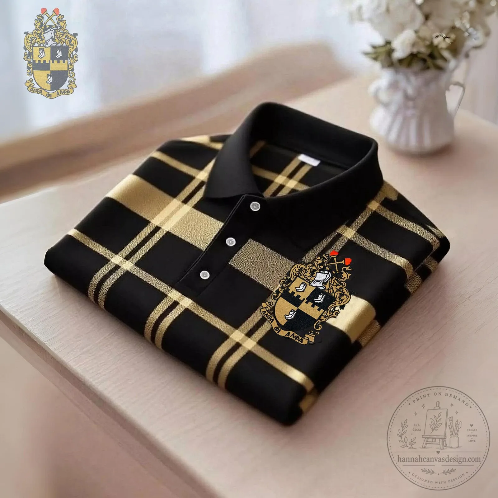 Alpha Phi Alpha Fraternity Black Gold Plaid Pattern Polo Shirt