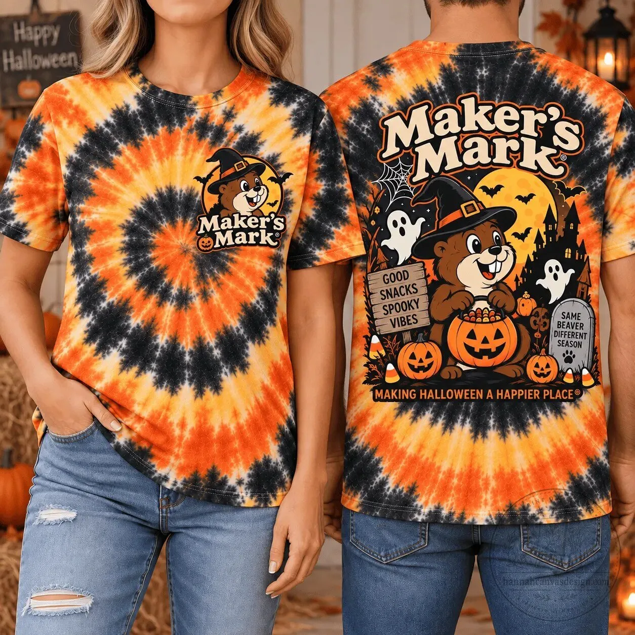 Maker's Mark Halloween Tie-Dye Spooky Vibes Beaver Graphic T-Shirt