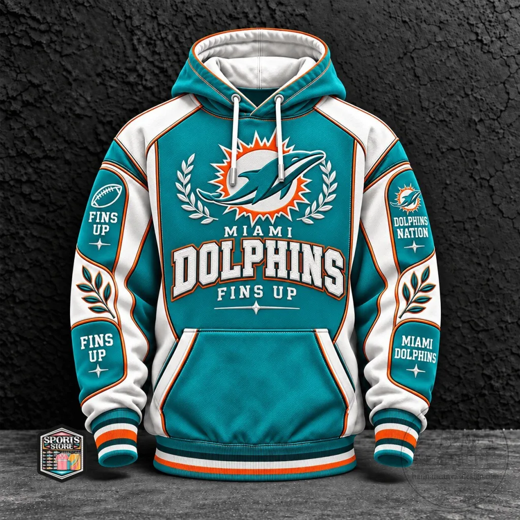 Miami Dolphins Fins Up NFL Football Team Logo White and Aqua Hoodie Miami Dolphins Fins Up NFL Football Team Logo White and Aqua Hoodie