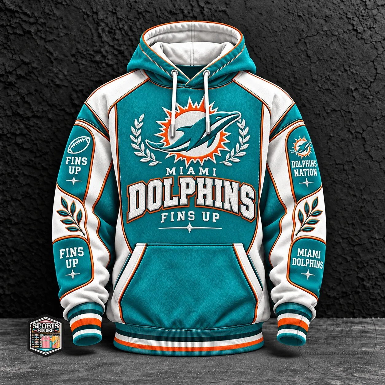 Miami Dolphins Fins Up NFL Football Team Logo White and Aqua Hoodie