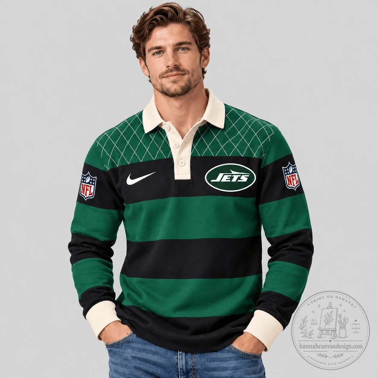New York Jets Rugby Striped Long Sleeve Polo Shirt