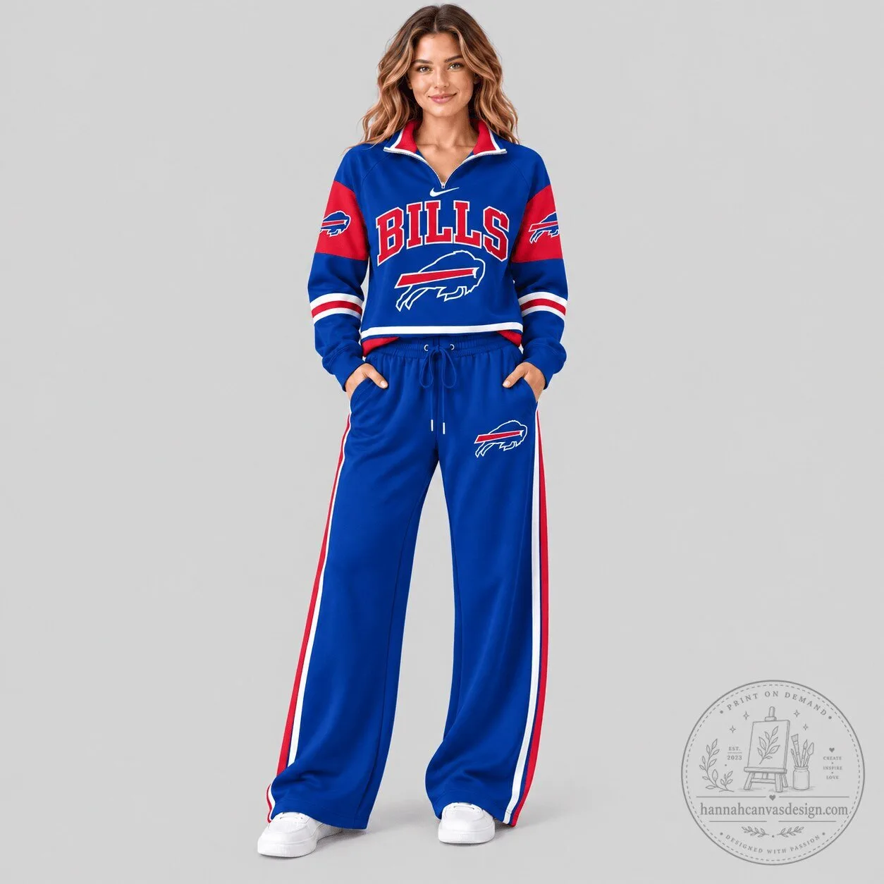 Buffalo Bills Women's Blue Quarter Zip Sweatshirt and Wide Leg Pants Set