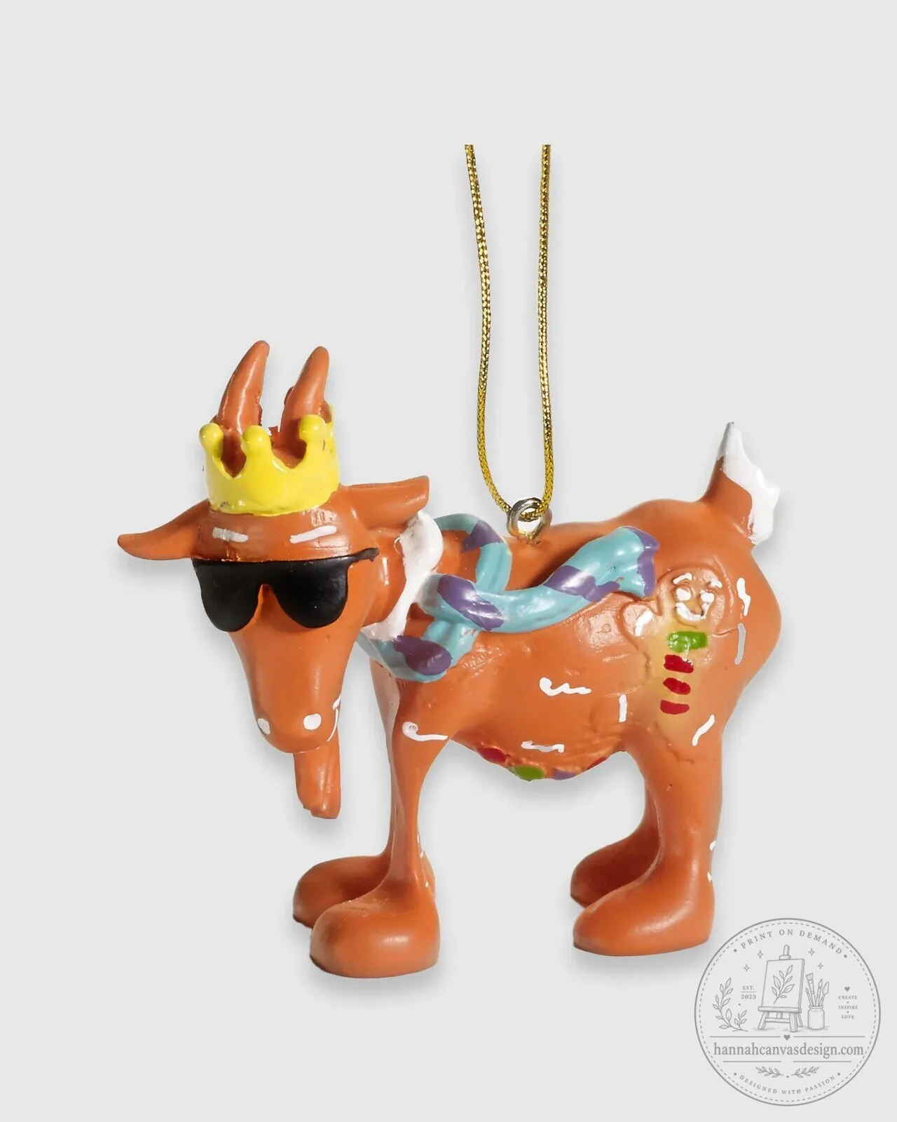 Gingerbread Goat Wearing Sunglasses and Crown Christmas Tree Ornament