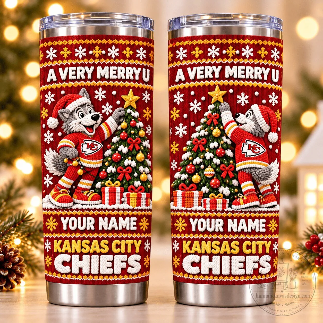 Kansas City Chiefs Wolf Mascot Christmas Tree Personalized Stainless Steel Tumbler