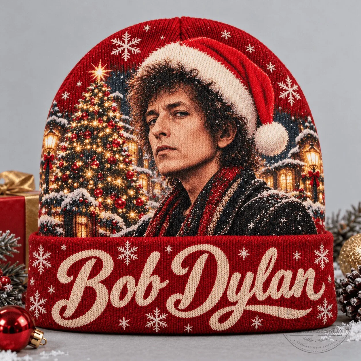 Bob Dylan Christmas Portrait Winter Beanie Hat for Music Fans