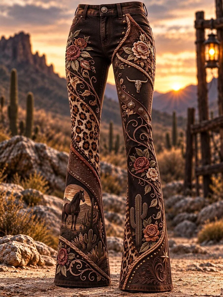 Western Cowboy Art Flared Pants for Women with Leopard Print and Floral Design