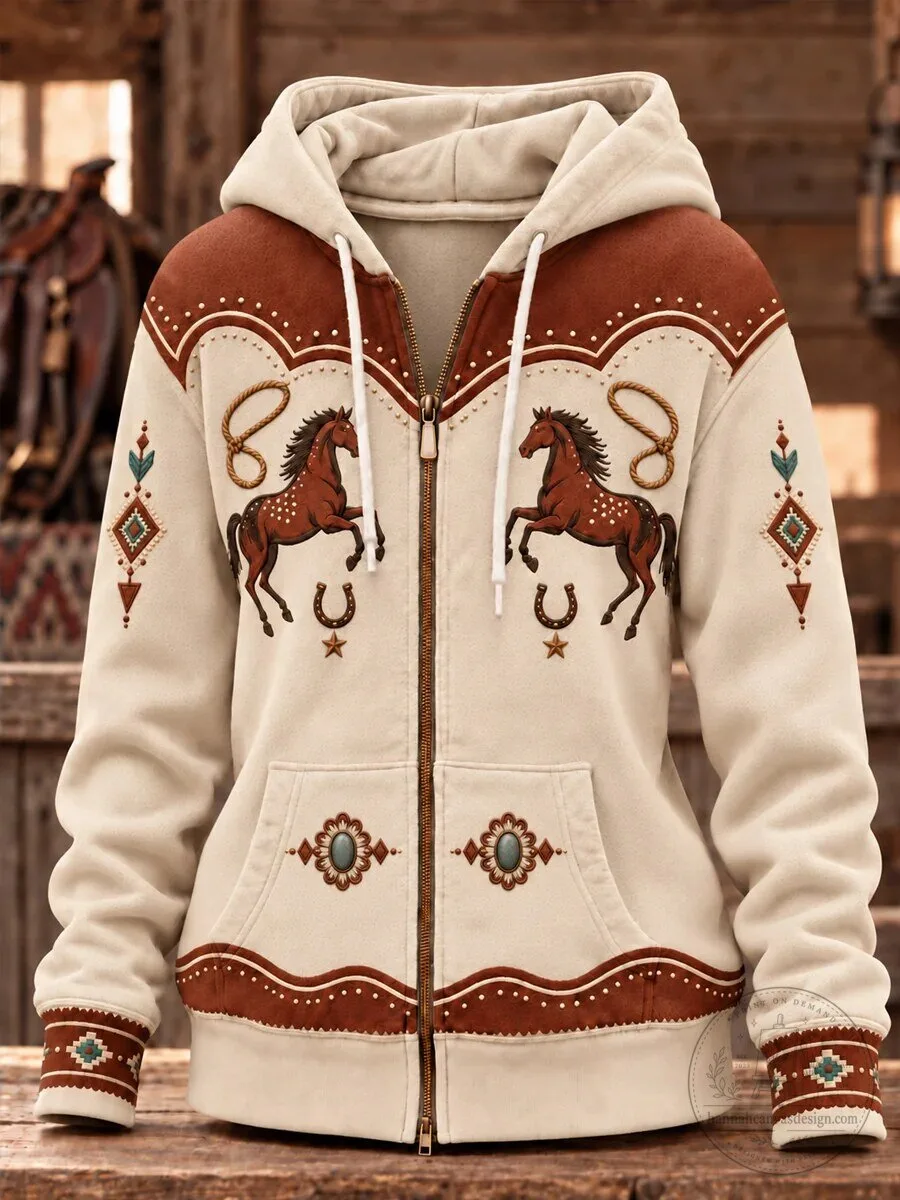 Western Horse Cowboy Rodeo Style Full Zip Hoodie for Women