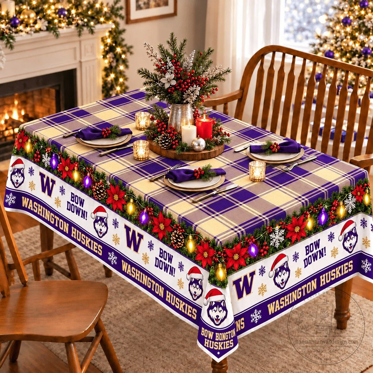 Washington Huskies Christmas Plaid Holiday Tablecloth