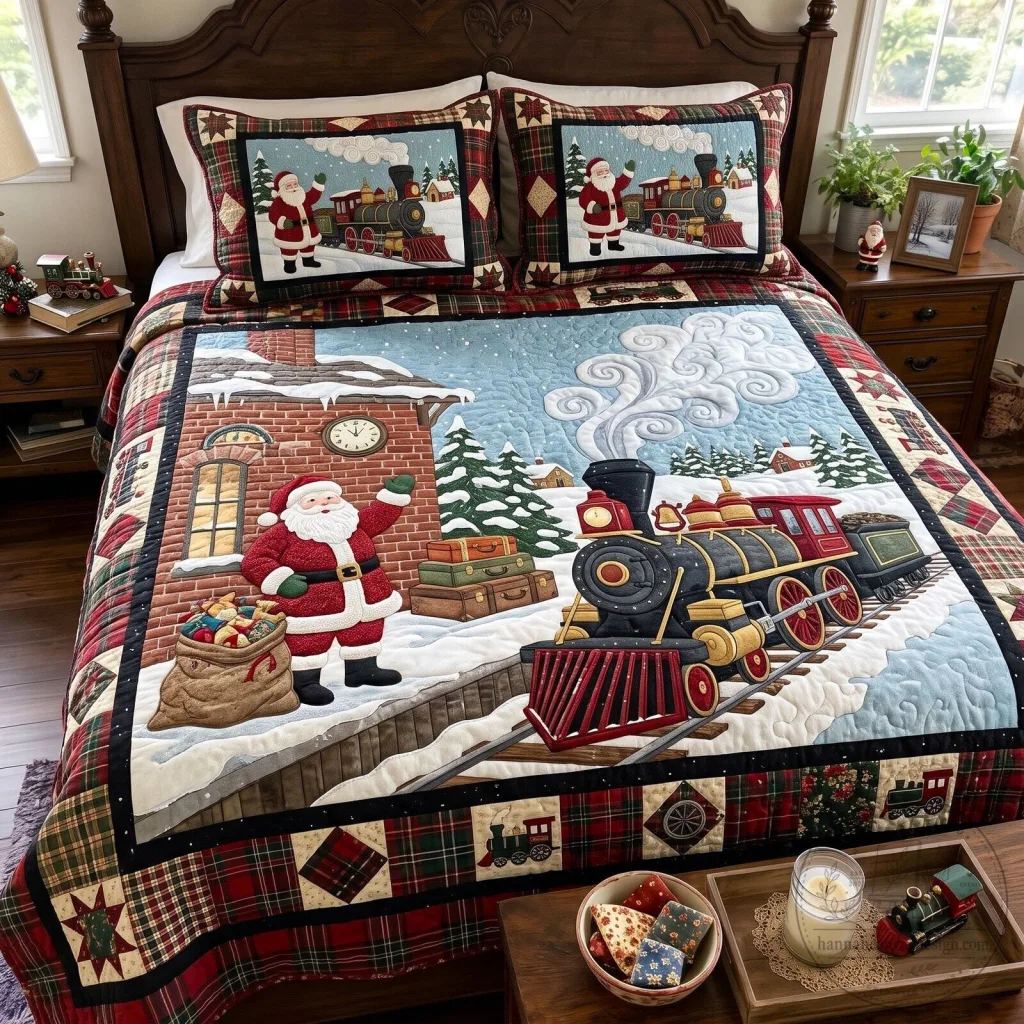Santa Claus Christmas Train Holiday Quilted Bedding Set with Pillow Shams Santa Claus Christmas Train Holiday Quilted Bedding Set with Pillow Shams