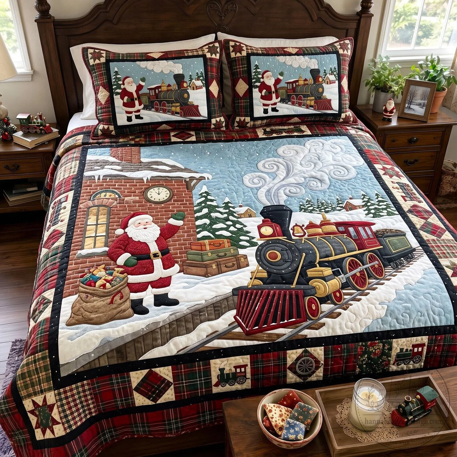Santa Claus Christmas Train Holiday Quilted Bedding Set with Pillow Shams