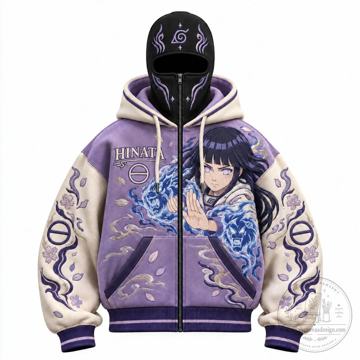 Hinata Hyuga Naruto Anime Streetwear Embroidered Bomber Jacket with Balaclava