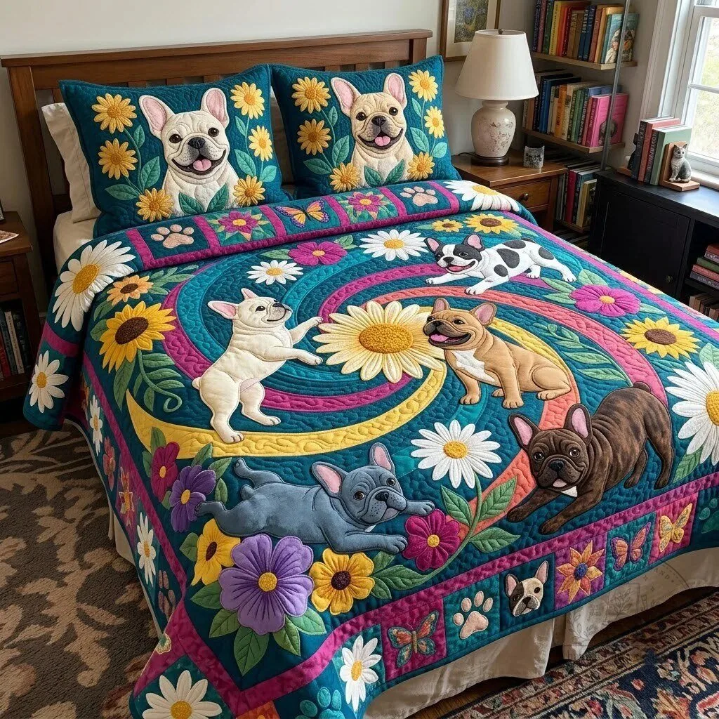 French Bulldog Daisy Dance Quilted Bedding Set with Pillow Shams