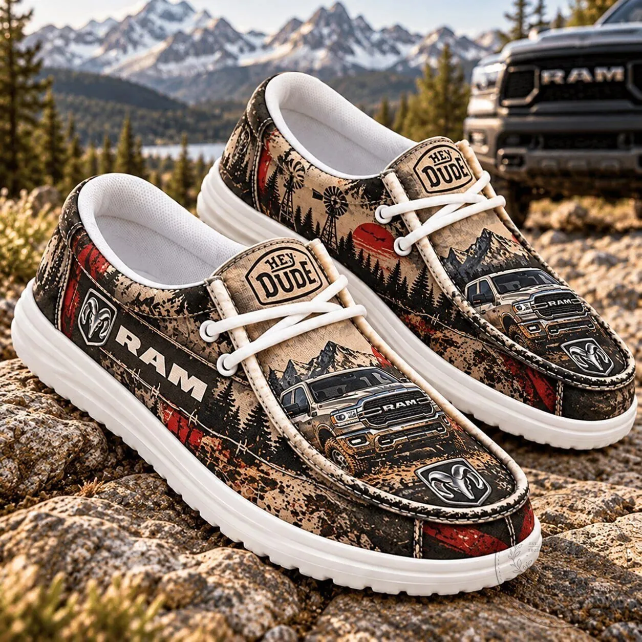 Ram Truck Mountain Landscape Hey Dude Style Casual Loafer Shoes for Men