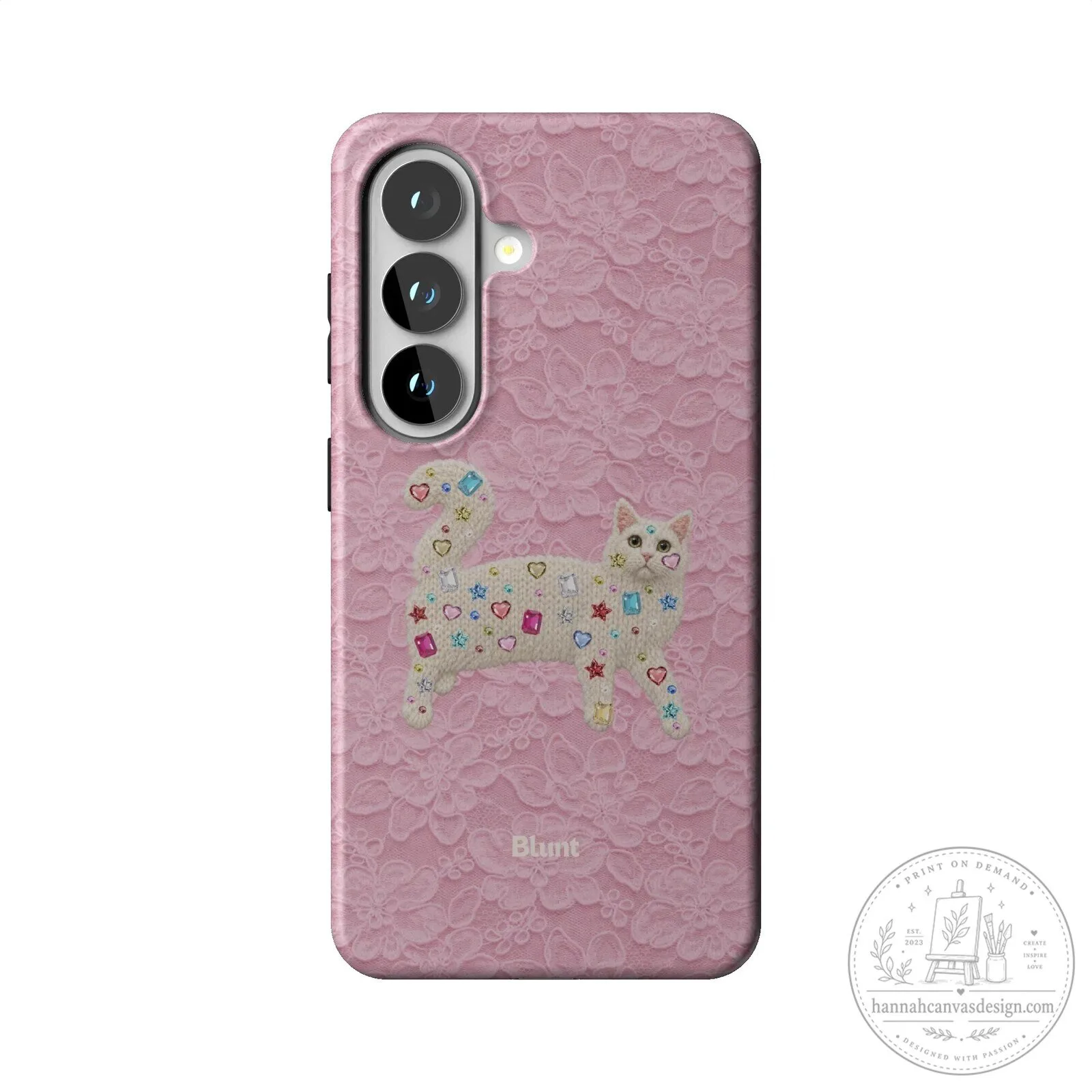 Pink Lace Patterned Samsung Phone Case with Embroidered Jeweled Cat Design