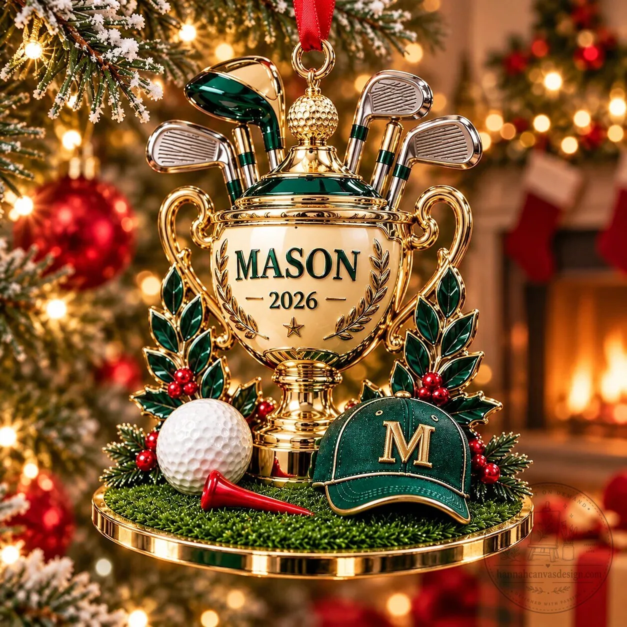 Personalized Golf Trophy Christmas Tree Ornament with Custom Name and Year